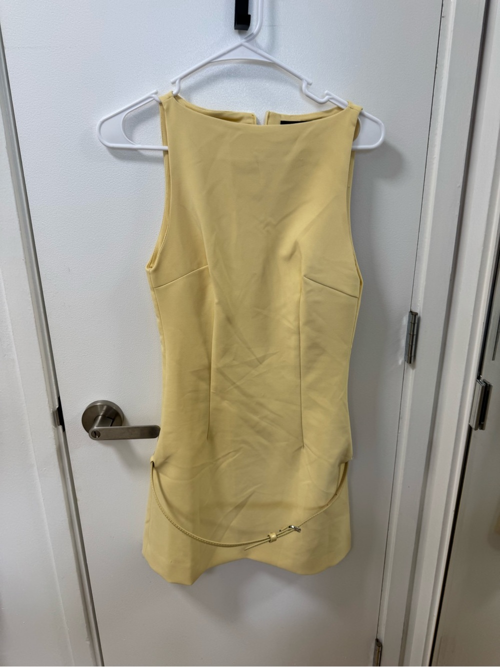 Zara Pale Yellow Sleeveless Shift Dress with Chain Accent